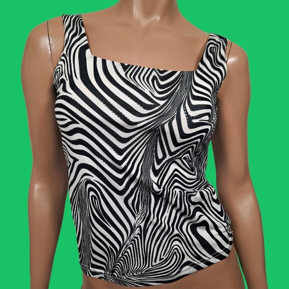 Y2K Garage Sleeveless Top Black White Silver Funky Zebra Print Size M Stretch - Picture 2 of 8